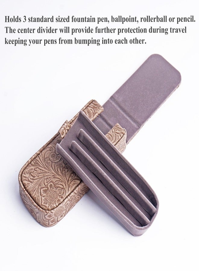 Haecsfl Leather Triple Pen Case Pencil Pouch Holder for Three Fountain Ballpoint Rollerball Pens and Pencils Gift Choice for Man/Woman/Office(1-Carved3 Apricot) - Image 4
