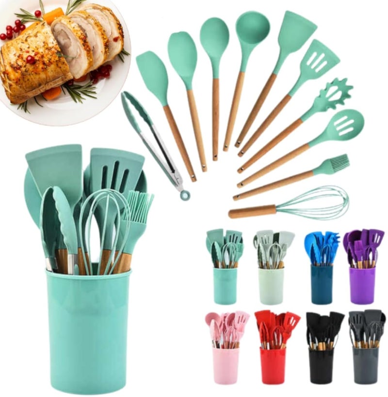 Kitchen Kit Silicone Utensils w/ Wooden Handle Complete Set 12 Pieces Spoon Spatula Ladle Fue Brush BPA Free