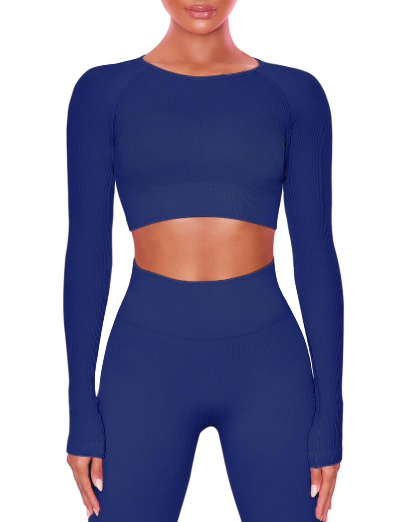 Buttergene Women Workout Sets 2 Pieces Long Sleeve Yoga Outfits Gym Clothes Seamless Ribbed Crop Top High Waist Leggings - Image 1