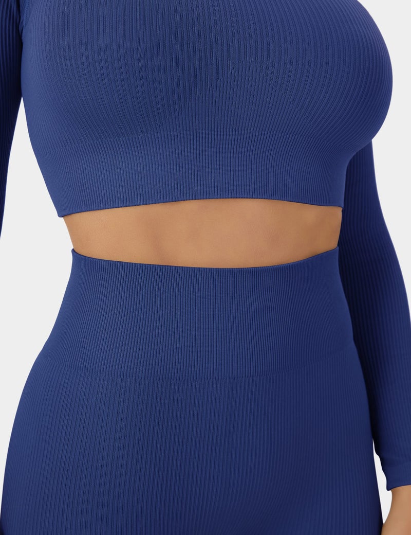 Buttergene Women Workout Sets 2 Pieces Long Sleeve Yoga Outfits Gym Clothes Seamless Ribbed Crop Top High Waist Leggings - Image 4