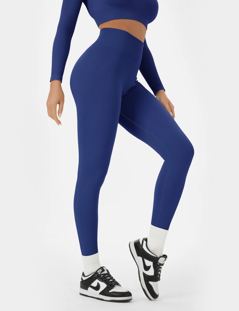 Buttergene Women Workout Sets 2 Pieces Long Sleeve Yoga Outfits Gym Clothes Seamless Ribbed Crop Top High Waist Leggings - Image 3