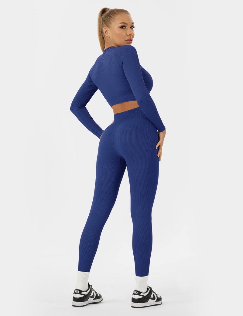 Buttergene Women Workout Sets 2 Pieces Long Sleeve Yoga Outfits Gym Clothes Seamless Ribbed Crop Top High Waist Leggings - Image 2