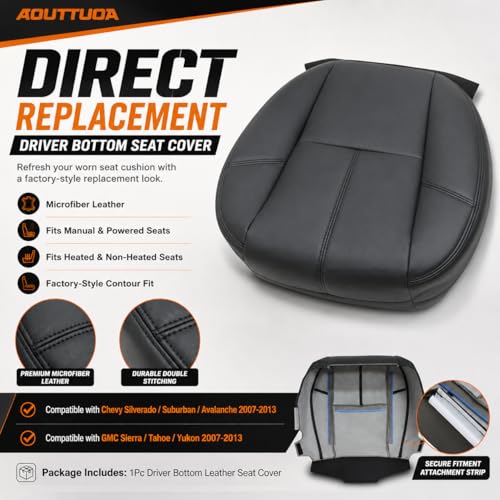 AOUTTUOA #193 Black Driver or Passenger Side Bottom Replacement Seat Cover Microfiber Leather Fit for Chevy Silverado Suburban Avalanche GMC Sierra Tahoe Yukon 2007 2008 2009 2010 2011 2012 2013 2014 - Image 2