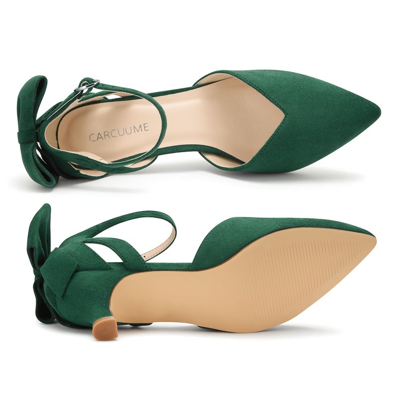 Carcuume Women's Kitten Heels with Bow Closed Toe Sandals Ankle Strap Wedding Pump Shoes, Beni-Green-9 - Image 4