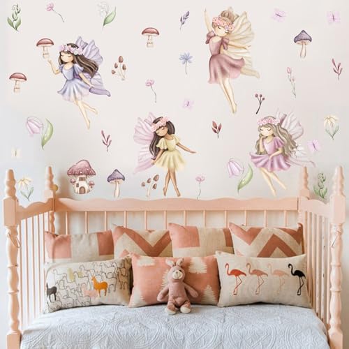 YIMEHDAN Watercolor Fairy Wall Decal, Flower Fairy Garden Vinyl Wall Stickers, Removable Butterfly Girls Spring Floral Artwork for Kids Bedroom Playroom Decor - Image 2