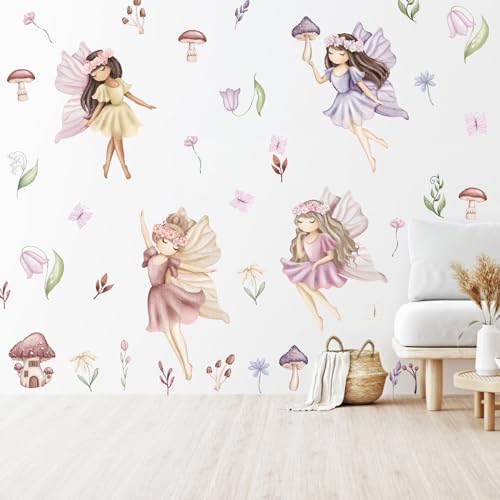 YIMEHDAN Watercolor Fairy Wall Decal, Flower Fairy Garden Vinyl Wall Stickers, Removable Butterfly Girls Spring Floral Artwork for Kids Bedroom Playroom Decor - Image 1
