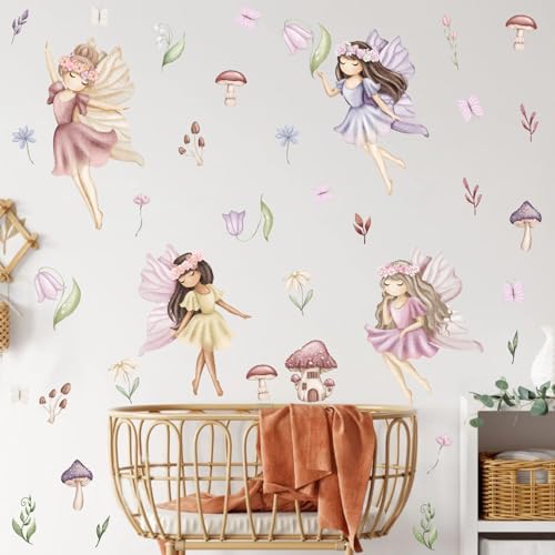 YIMEHDAN Watercolor Fairy Wall Decal, Flower Fairy Garden Vinyl Wall Stickers, Removable Butterfly Girls Spring Floral Artwork for Kids Bedroom Playroom Decor - Image 3