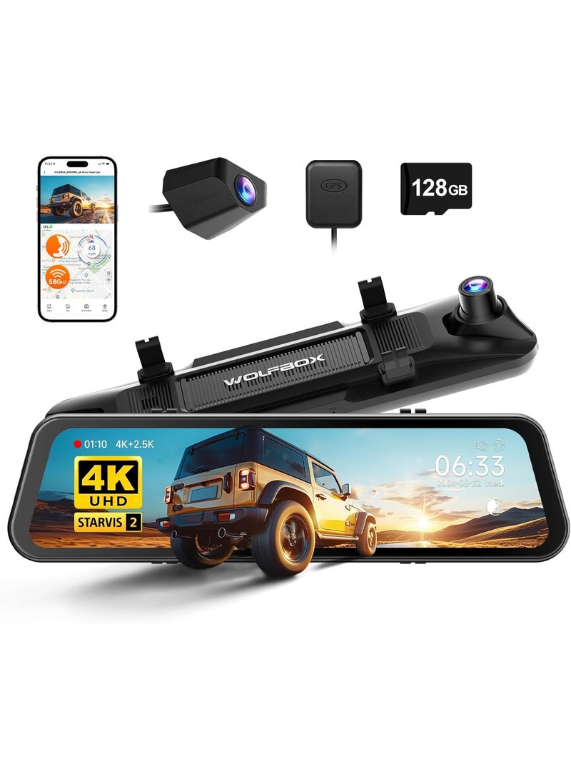 WOLFBOX G900 PRO 12-Inch 4K Mirror Dash Cam with STARVIS 2 IMX678 | 2.5K Rear Camera, 128GB Card Included, Voice Control, 5.8GHz WiFi, GPS, Loop Recording, G-Sensor, Night Vision - Image 1