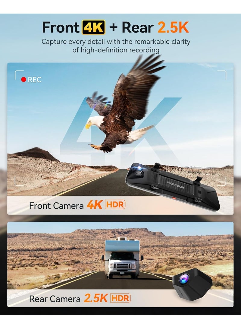 WOLFBOX G900 PRO 12-Inch 4K Mirror Dash Cam with STARVIS 2 IMX678 | 2.5K Rear Camera, 128GB Card Included, Voice Control, 5.8GHz WiFi, GPS, Loop Recording, G-Sensor, Night Vision - Image 2