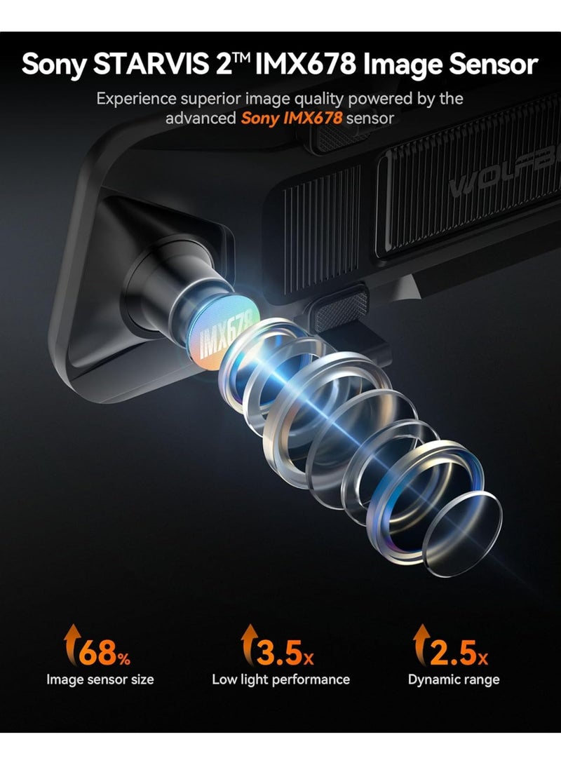 WOLFBOX G900 PRO 12-Inch 4K Mirror Dash Cam with STARVIS 2 IMX678 | 2.5K Rear Camera, 128GB Card Included, Voice Control, 5.8GHz WiFi, GPS, Loop Recording, G-Sensor, Night Vision - Image 3