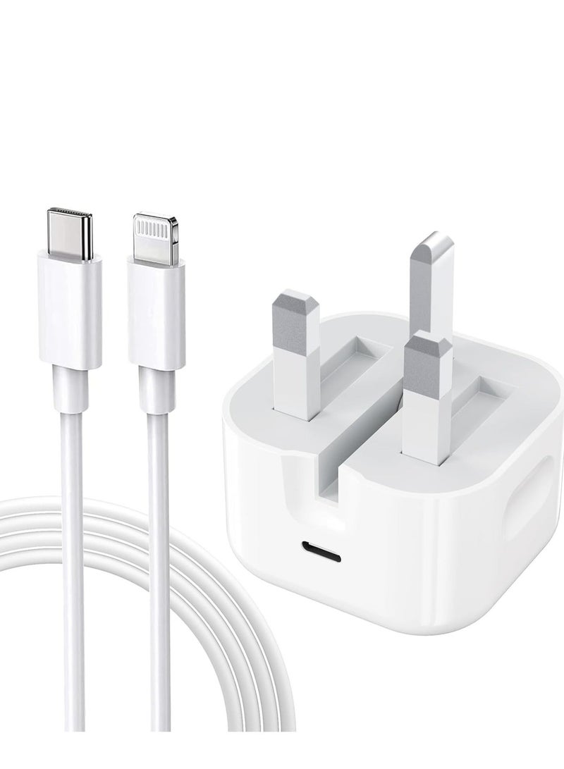 واي جي إس شاحن سريع لهواتف ايفون، محول طاقة USB-C بقدرة 20 واط مع كابل لايتنينج بطول متر واحد، قابس بريطاني، كتلة شحن سريعة للأجهزة اللوحية والهواتف - أبيض - Image 1