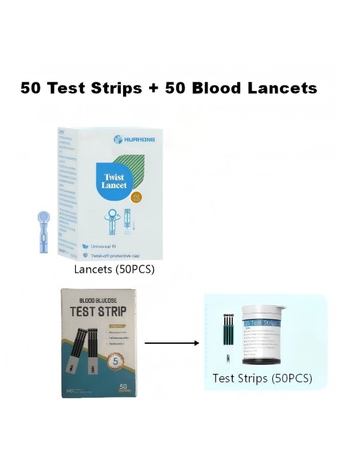 شريط اختبار الجلوكوز في الدم، 50 شريط اختبار و50 إبرة - دقة عالية ونتائج سريعة، الميزات الرئيسية، مستهلكات لجهاز قياس الجلوكوز في الدم (50 شريط اختبار/50 إبرة) - Image 1