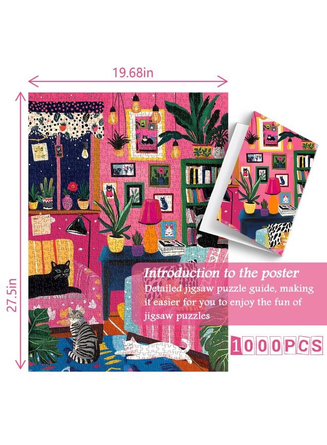 PICKFORU Cat Puzzles for Adults 1000 Pieces, Colorful Kitty Plant Puzzles for Adults, Difficult Art Living Room Jigsaw Puzzle as Home Decor - Image 4