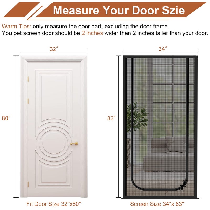 Dixutzi Reinforced Cat Screen Door Fits Door Size 32''X 80''  Heavy Duty Pets Proof Screen Door With Zipper  Prevent Dogs Cats Running Out From Home (Black) - Image 3