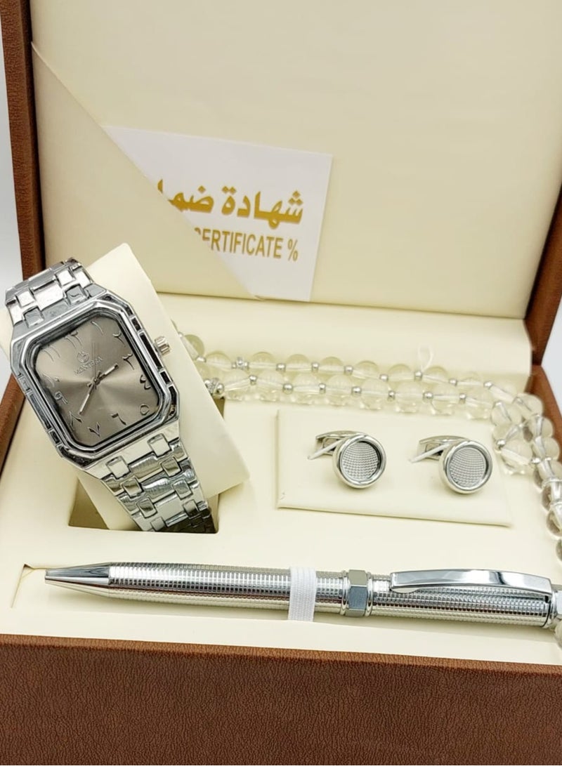 مونتيرا طقم رجالي مكون من ٤ قطع ساعة وقلم وكبك وسبحه