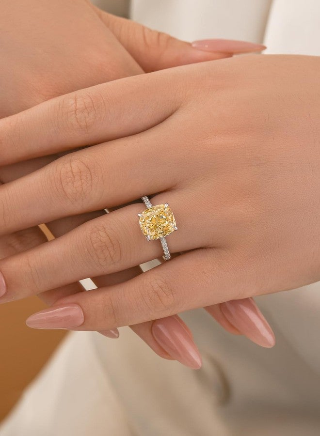 RODIFFY 4CT Cushion Cut Engagement Ring for Women, S925 Silver Clear/Yellow Stone Promise Ring with Hidden Halo ((Yellow Stone) Silver, 9) - Image 5