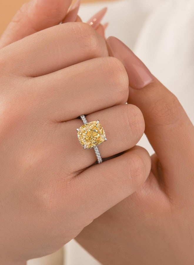 RODIFFY 4CT Cushion Cut Engagement Ring for Women, S925 Silver Clear/Yellow Stone Promise Ring with Hidden Halo ((Yellow Stone) Silver, 9) - Image 3