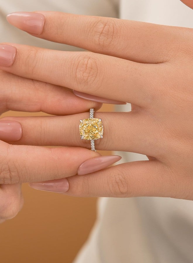 RODIFFY 4CT Cushion Cut Engagement Ring for Women, S925 Silver Clear/Yellow Stone Promise Ring with Hidden Halo ((Yellow Stone) Silver, 9) - Image 4