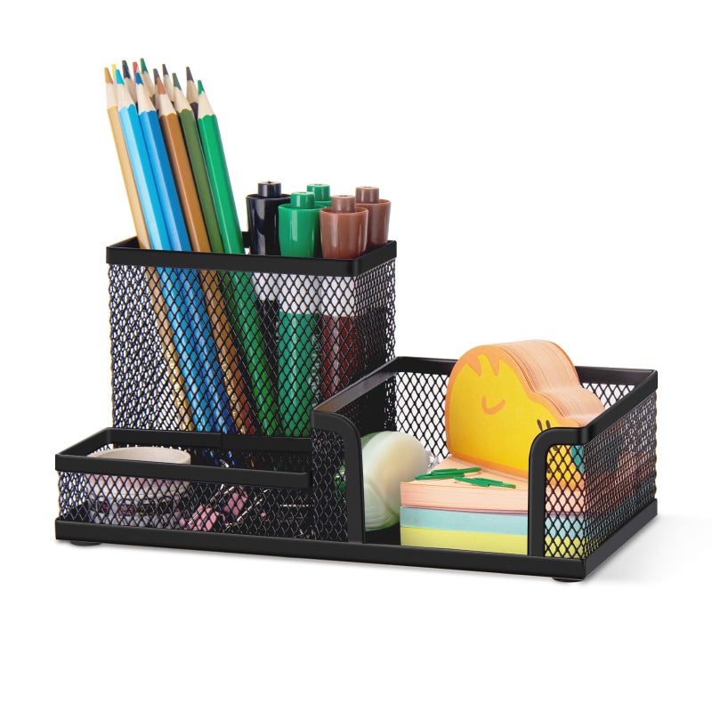 Comix Mesh Pen Pencil Holder Desk Organizer, 3 Compartment Wire Desktop Pen Pencil Cup Caddy Office Supplies Desk Accessories for Home Office School, Black - Image 1