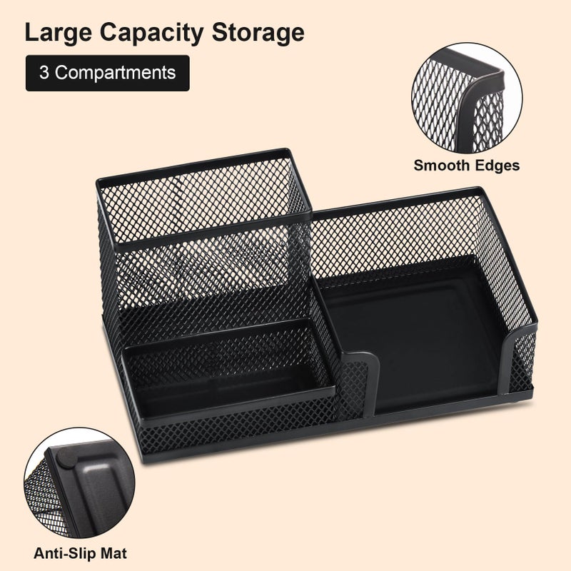 Comix Mesh Pen Pencil Holder Desk Organizer, 3 Compartment Wire Desktop Pen Pencil Cup Caddy Office Supplies Desk Accessories for Home Office School, Black - Image 3