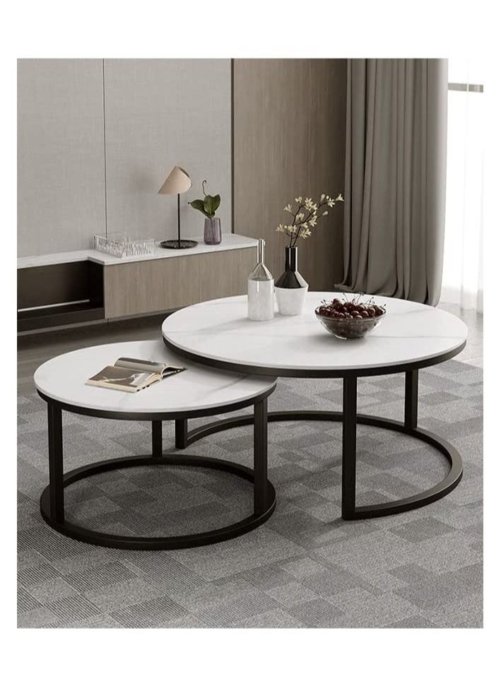 AGD - Modern Nesting Round Coffee Table Set of 2 Pieces for Living Room Balcony Garden Etc, Round Coffee Table with Solid Metal Frame Black/White - Image 1