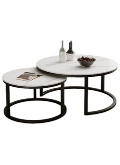 AGD Modern Nesting Round Coffee Table Set of 2 Pieces for Living Room Balcony Garden Etc, Round Coffee Table with Solid Metal Frame Black/White  - Image 1