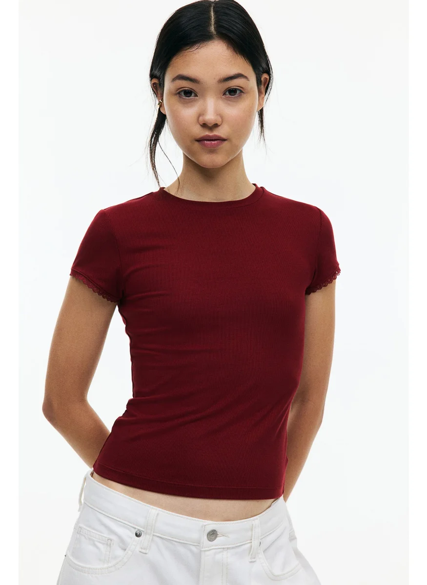 H&M Lace-Trimmed Ribbed T-Shirt