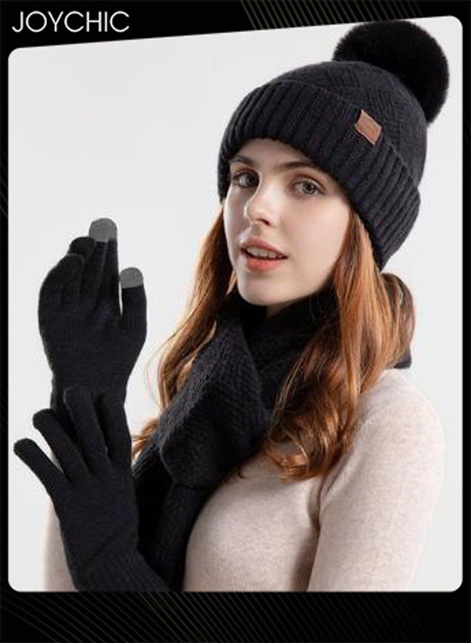 Joychic Korean Version Winter Beanie Scarf Set for Women Outdoor Windproof Warm Hat+Scarf+Glove Black - Image 1