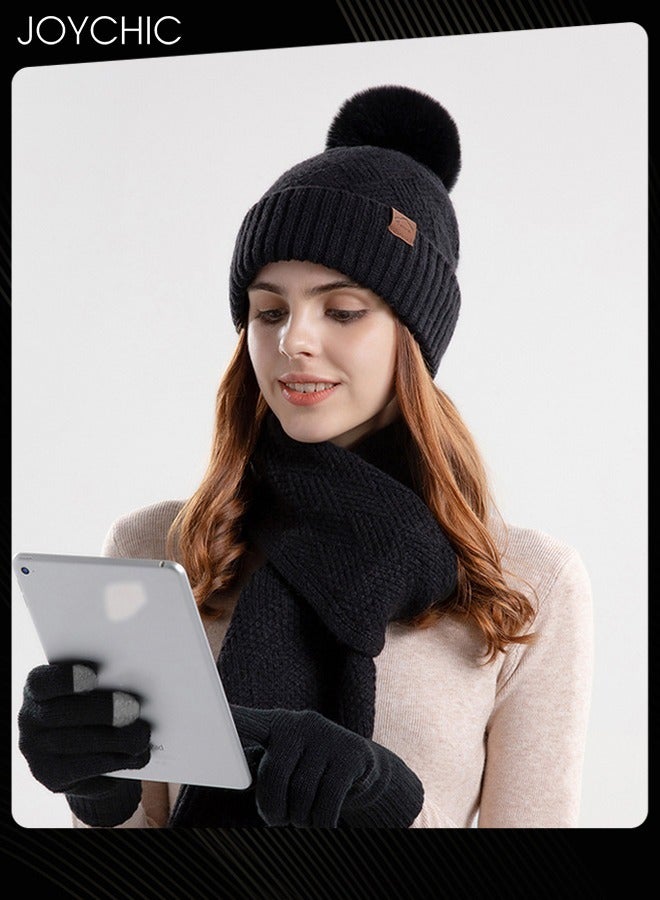 Joychic Korean Version Winter Beanie Scarf Set for Women Outdoor Windproof Warm Hat+Scarf+Glove Black - Image 2