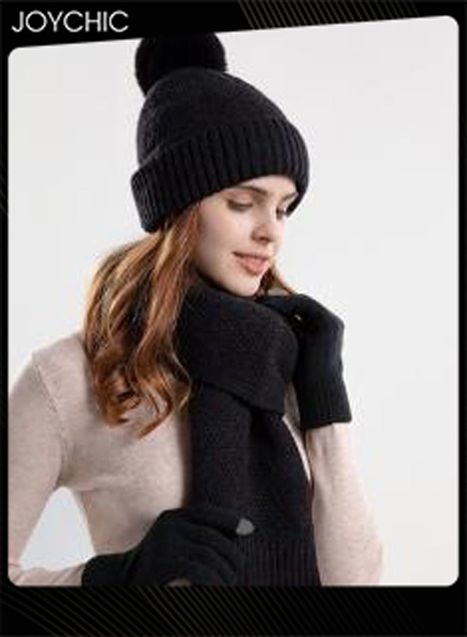 Joychic Korean Version Winter Beanie Scarf Set for Women Outdoor Windproof Warm Hat+Scarf+Glove Black - Image 3