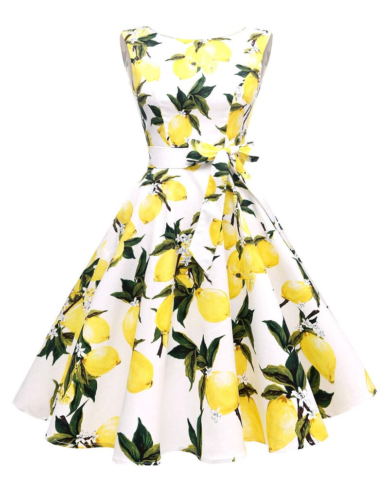 Hanpceirs Women's Boatneck Sleeveless Swing Vintage 1950s Cocktail Dress Lemon White M - Image 1