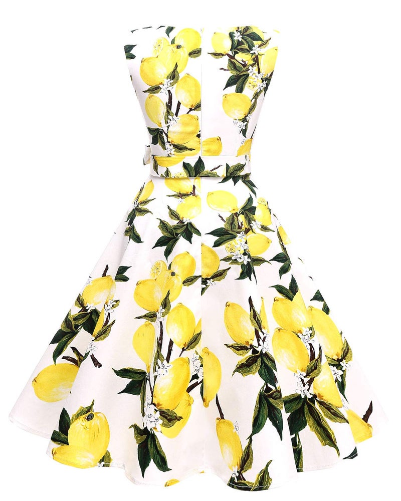 Hanpceirs Women's Boatneck Sleeveless Swing Vintage 1950s Cocktail Dress Lemon White M - Image 4