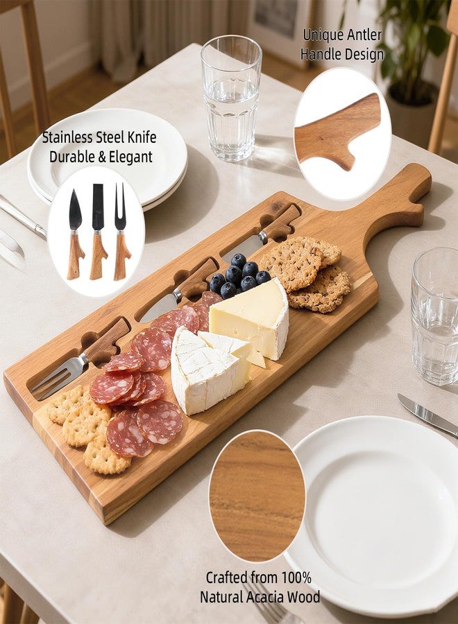 E-ROOM TREND Acacia Wood Charcuterie Board with Cheese Knives, Wood Serving Tray with Handles, Wooden Cheese Board for Meats & Snacks, Perfect for Parties, Weddings, Housewarming Gifts - Image 3
