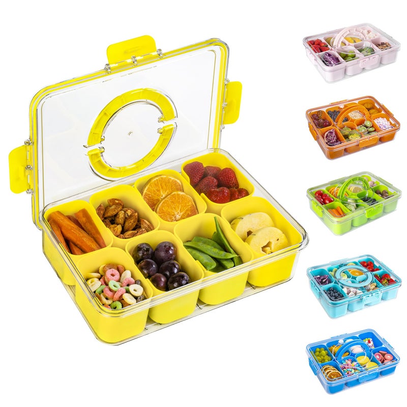 WACOI Divided Snack Serving Tray with Lid and Handle Travel Snackle Charcuterie Container Portable Storage Organizer for Candy, Fruits, Nuts, Snacks, Party, Picnic (1pack, Yellow) - Image 1