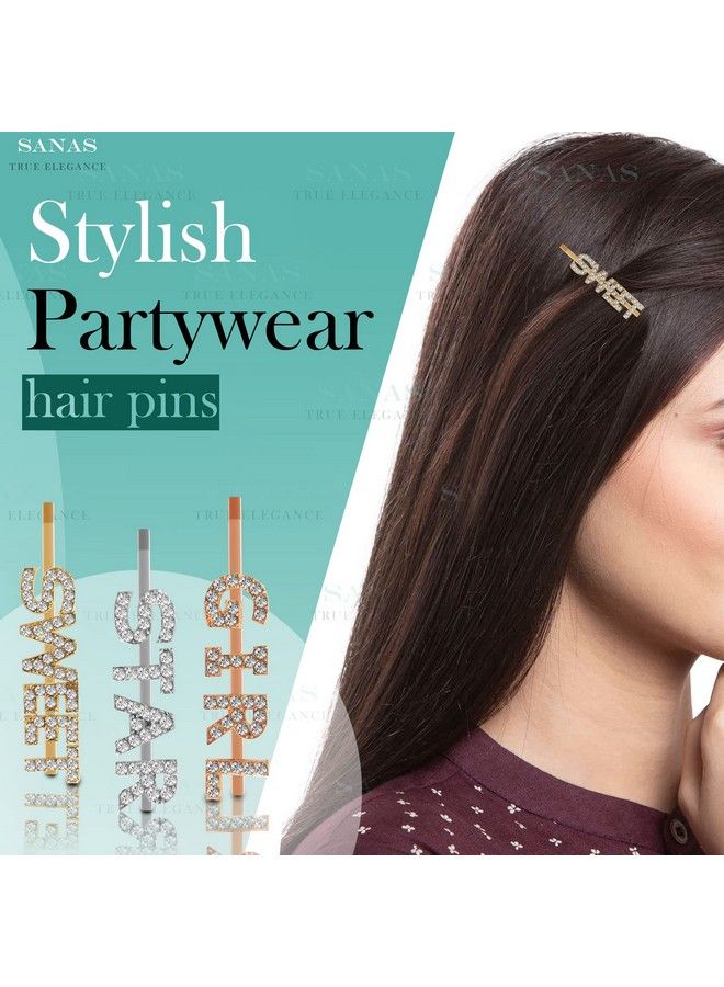 Sanas Hair Pins For Women Stylish 8 Pc Hair Accessories For Girls Hair Clips Bobby Pins For Hair Stone Clips For Hair Women Letters Words Side Pins Metal Pins For Girls Crystal Hair Accessories 8Pc - Image 4