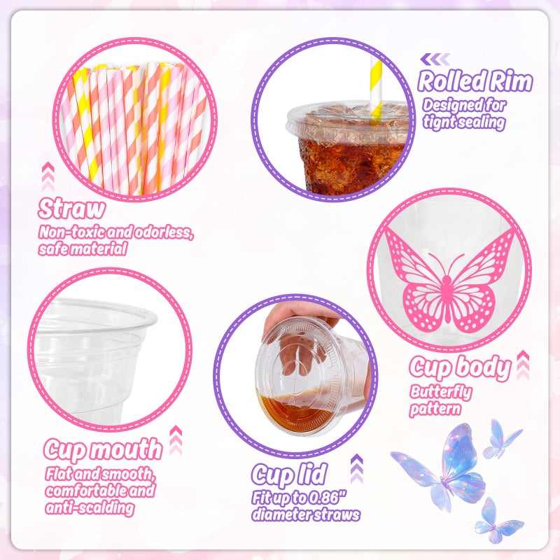 Whaline أكواب بلاستيكية قابلة للتصرف من واهلين 60 قطعة بتصميم فراشة مع أغطية وقشات باللون الوردي والأرجواني والأزرق لمشروبات باردة لحفلات الزفاف وأعياد الميلاد وحفلات استقبال الأطفال - Image 2