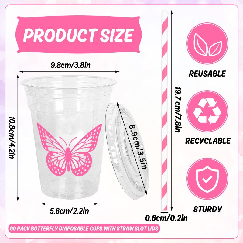 Whaline أكواب بلاستيكية قابلة للتصرف من واهلين 60 قطعة بتصميم فراشة مع أغطية وقشات باللون الوردي والأرجواني والأزرق لمشروبات باردة لحفلات الزفاف وأعياد الميلاد وحفلات استقبال الأطفال - Image 1