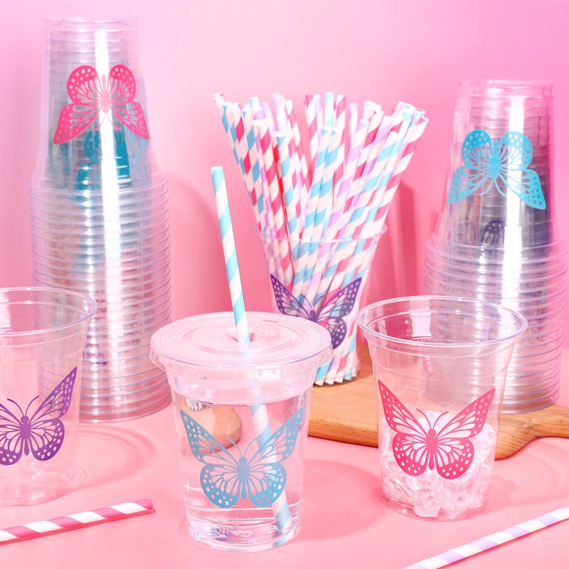 Whaline أكواب بلاستيكية قابلة للتصرف من واهلين 60 قطعة بتصميم فراشة مع أغطية وقشات باللون الوردي والأرجواني والأزرق لمشروبات باردة لحفلات الزفاف وأعياد الميلاد وحفلات استقبال الأطفال - Image 3