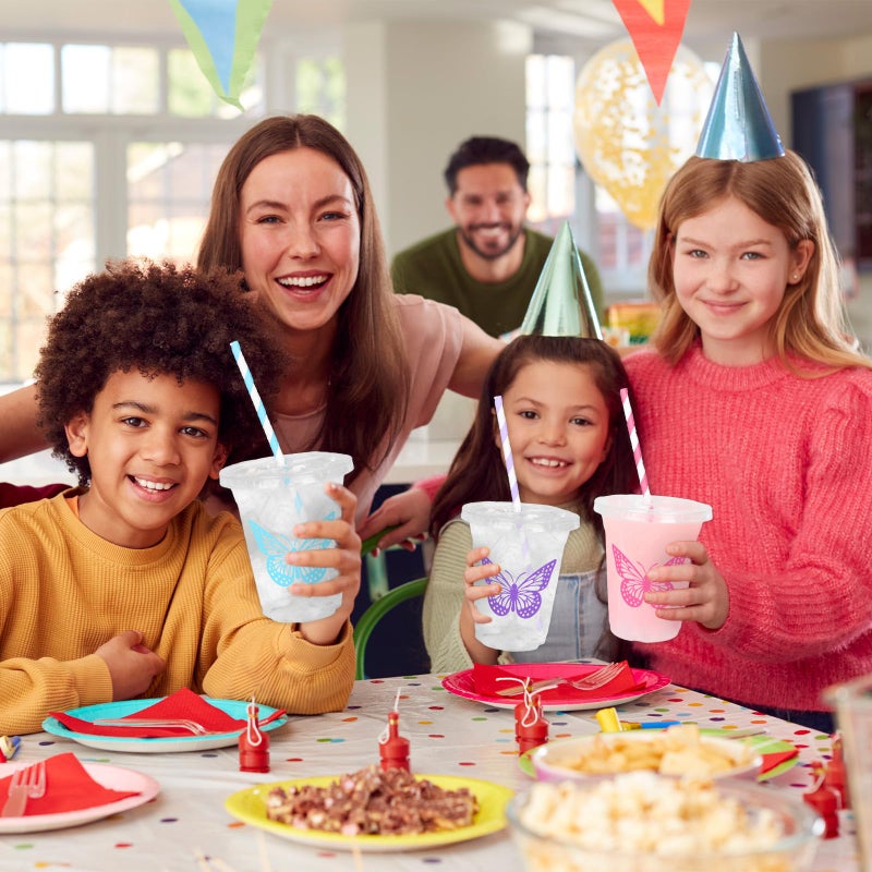 Whaline أكواب بلاستيكية قابلة للتصرف من واهلين 60 قطعة بتصميم فراشة مع أغطية وقشات باللون الوردي والأرجواني والأزرق لمشروبات باردة لحفلات الزفاف وأعياد الميلاد وحفلات استقبال الأطفال - Image 4