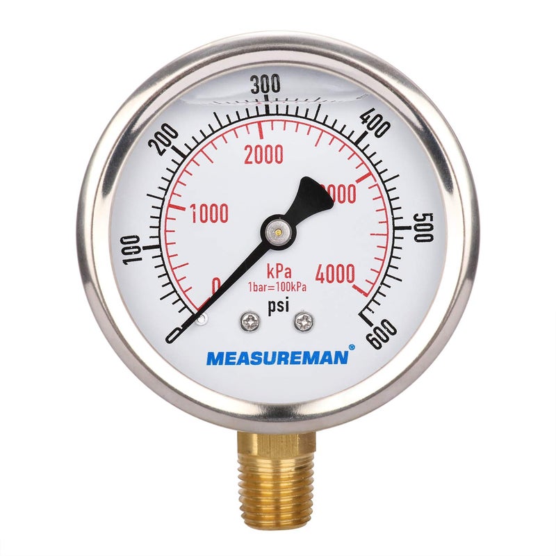 MEASUREMAN مقياس ضغط مملوء بالزيت من ميزورمان، حجم القرص 2-1/2 بوصة، نطاق 0-600 رطل لكل بوصة مربعة/4000 كيلو باسكال، غلاف من الفولاذ المقاوم للصدأ 304، تركيب سفلي 1/4 إنش إن بي تي - Image 1