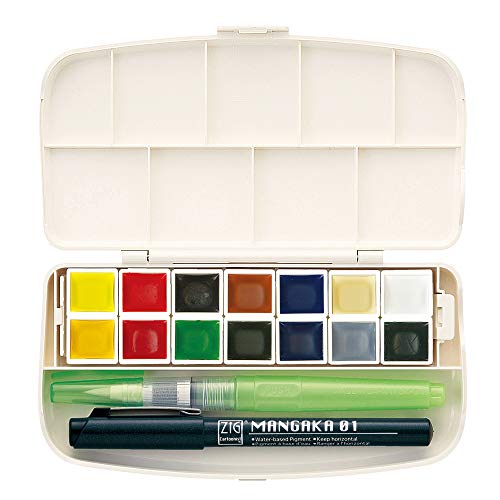 Kuretake GANSAI TAMBI Portable 14 Colors set, Watercolor Paint Set, Travel kit with Brush, Palette, for Professional, Artists, Crafters, Urban Sketch, Outdoor Sketch, Made in Japan - Image 1