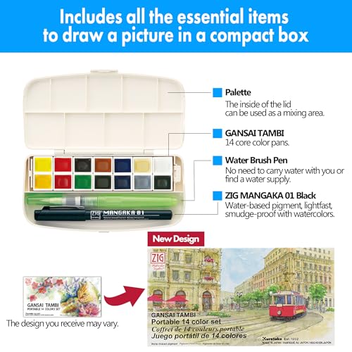 Kuretake GANSAI TAMBI Portable 14 Colors set, Watercolor Paint Set, Travel kit with Brush, Palette, for Professional, Artists, Crafters, Urban Sketch, Outdoor Sketch, Made in Japan - Image 2