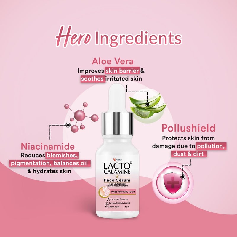 Lacto Calamine 10 Niacinamide Face Serum  30ml x Pack of 2  Pore Minimizing Acne Marks Blemishes  Oil Balancing  Face Serum for Women  Men  Reduces Pigmentation  Dermatologically Tested - Image 3