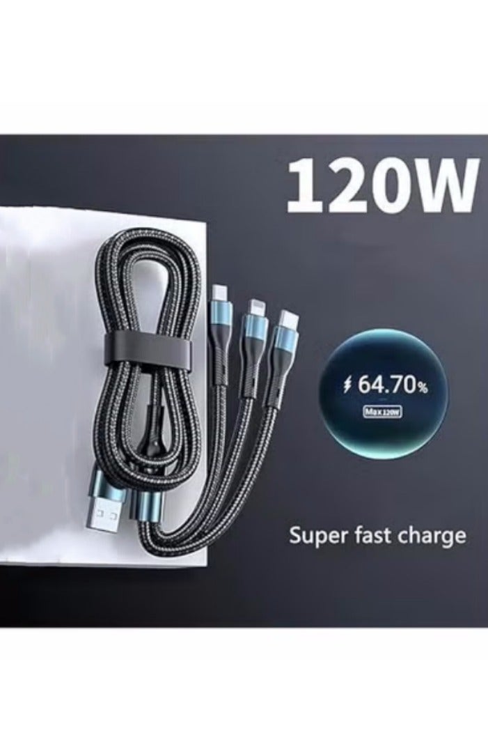 3 in 1 Charging Cable - 120W Power Fast Charger Cords Universal Phone Charger, Multiple Ports Charging Cord with USB C to Type C/Micro/Phone Connectors Compatible with Laptop/Tablet/Phone (120CM) - Image 1