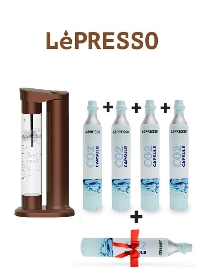 Sparkling Water Maker with 4+1 Capsules & Slow-Fast Releasing System / Dual Bottle Support 500ml-350ml / Explosion-Proof Pet BPA Free / Co2 Chargers / CO2 Capsule Compatible / Easy to Clean - Brown