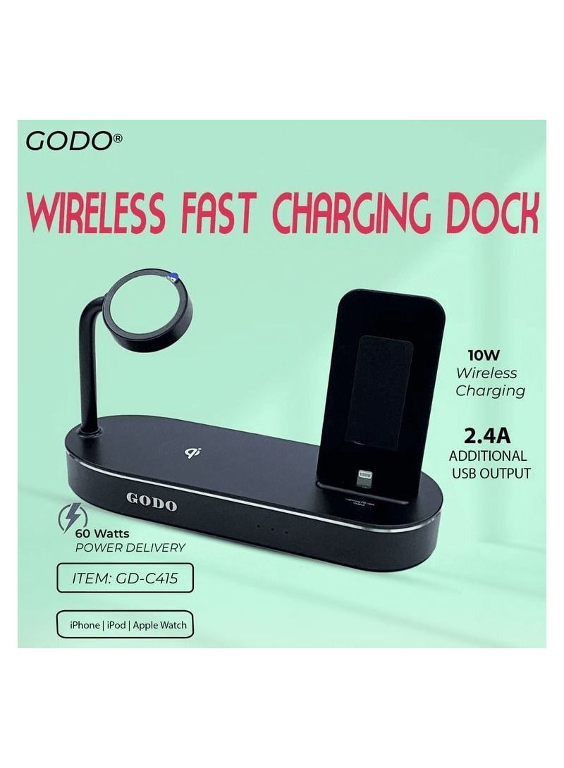 Godo G0D0 GD-C415 Complete  Charging Dock 4 in 1 Wireless Fast Charging Dock Aluminum Output 5W Wireless 10W C94 Lightning 18W USB-A 24W - Image 1