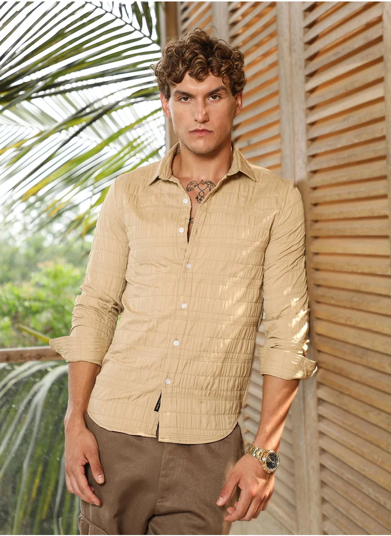كامبوس سوترا Men's Sand Beige Grid-Tactile Shirt For Casual Wear | Spread Collar | Long Cuffed Sleeves | Button Closure | Shirt Crafted With Comfort Fit For Everyday Wear