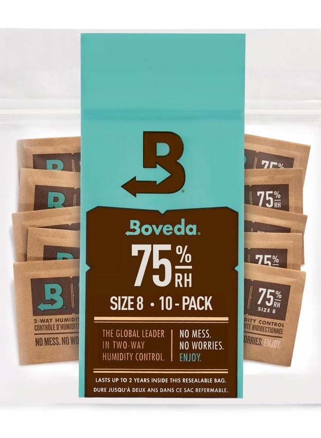 Boveda 75% Two-Way Humidity Control Packs For Storing Up to 5 Items – Size 8 – 10 Pack – For Small Non-Plastic Travel Cases – Moisture Absorbers – Humidifier Packs in Resealable Bag - Image 1
