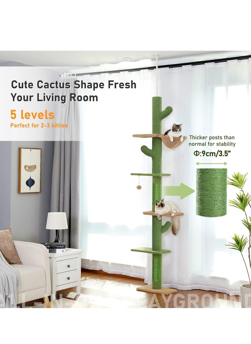 Alissa - Cactus Cat Tree Floor to Ceiling Cat Tower with Audjstable Height(241-273 cm), 5 Tiers Cat Climbing Activity Center with Cozy Hammock, Platforms and Dangling Balls for Indoor Cats - Image 1