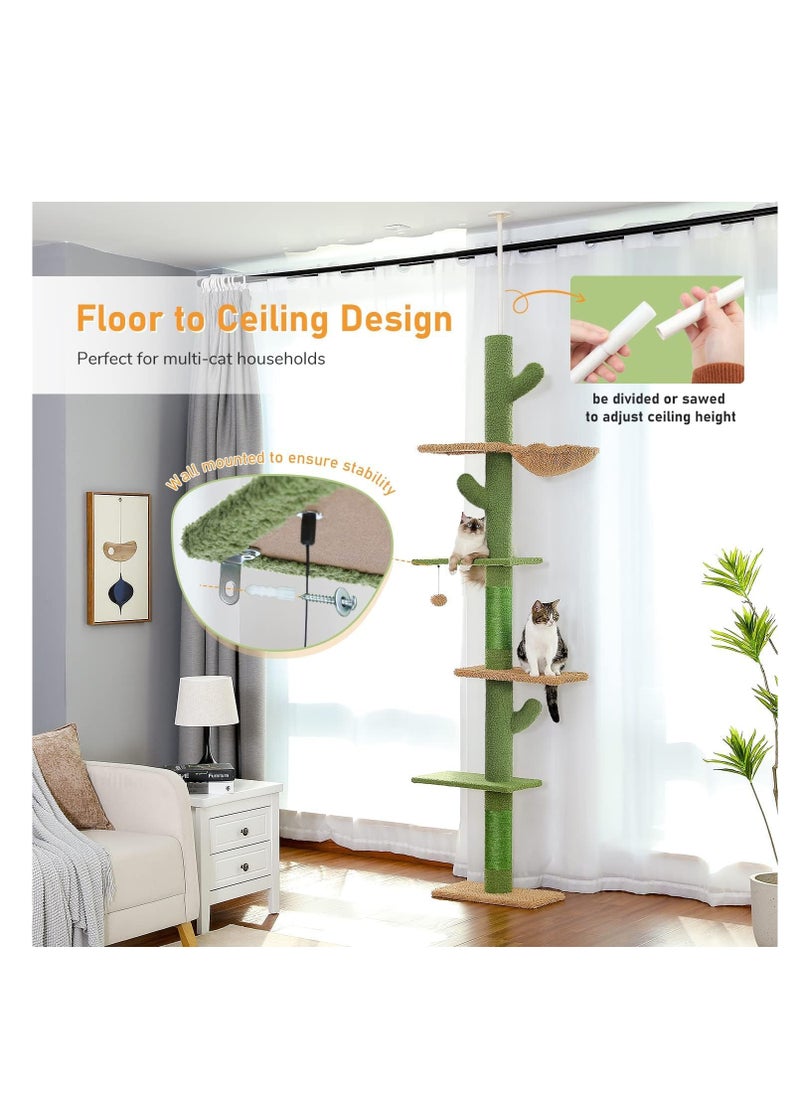 Alissa - Cactus Cat Tree Floor to Ceiling Cat Tower with Audjstable Height(241-273 cm), 5 Tiers Cat Climbing Activity Center with Cozy Hammock, Platforms and Dangling Balls for Indoor Cats - Image 1